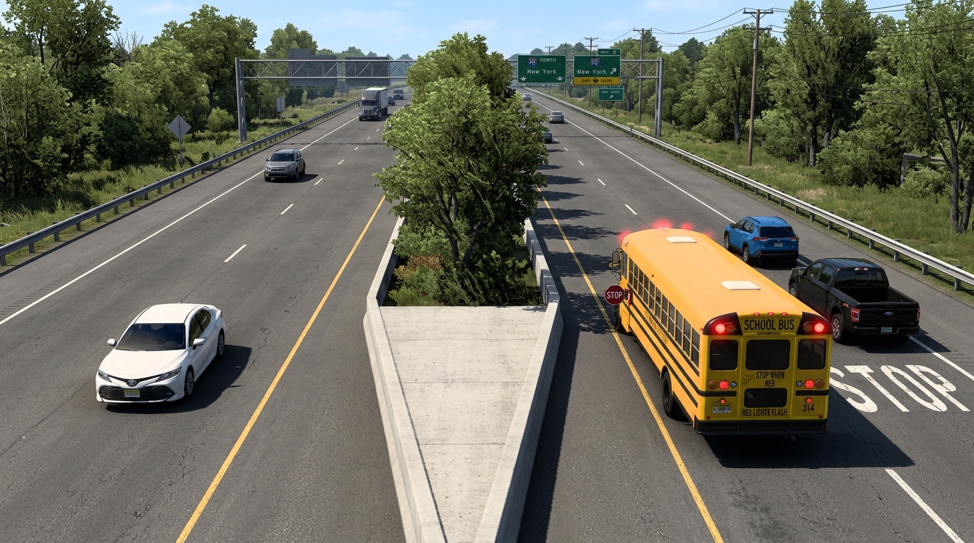 School Bus on Multi-Lane Divided Highway